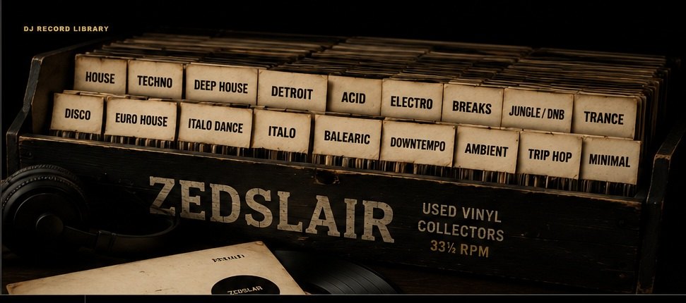Zedslair DJ vinyl library with House, Techno, Disco, Euro House and Italo Dance records